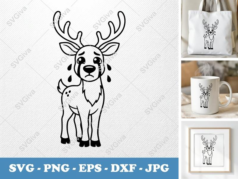 Reindeer Crying SVG, Sad Deer PNG, EPS, DXF | Cute Animal Cut File for Cricut & Silhouette, Modern Line Art