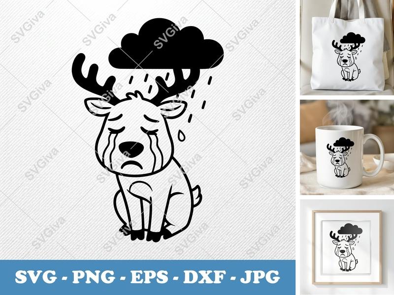 Reindeer Crying SVG, Sad Deer with Rain Cloud PNG EPS DXF | Cricut & Silhouette Cut File, Modern Animal Clipart