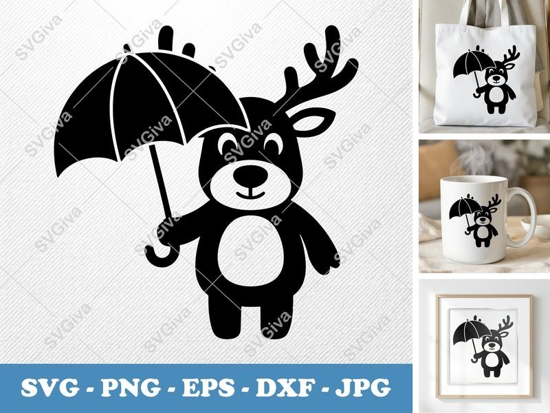 Reindeer Holding Umbrella SVG | Puffy Soft Forms | Inflated Pillow Look | PNG DXF EPS | Cricut Silhouette File