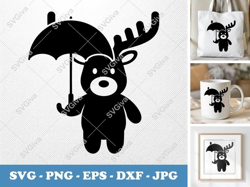 Reindeer holding umbrella SVG | Puffy Soft Forms | PNG DXF EPS | Cricut Silhouette File