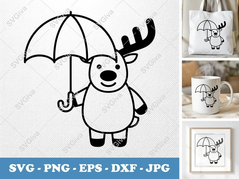 Reindeer Holding Umbrella SVG | Rounded Body Bean-Shaped Cut File | Friendly Deer PNG DXF EPS | Cricut Silhouette Ready