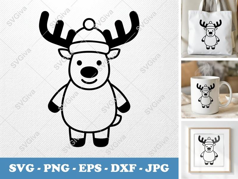 Reindeer in a Cap SVG | Friendly Bean-Shaped Cut File | PNG DXF EPS | Cricut Silhouette Design