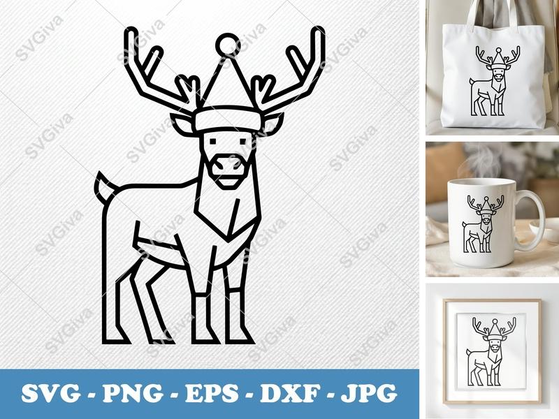 Reindeer in a Cap SVG | Geometric Outline Design | Thick Outer Thin Inner Lines | SVG PNG DXF EPS | Cricut Silhouette File