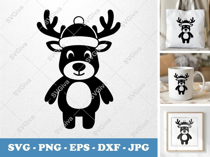 Reindeer in a Cap SVG | Puffy Soft Shapes | Inflated Pillow-Soft Christmas Cut File for Cricut, Silhouette | PNG, DXF, EPS