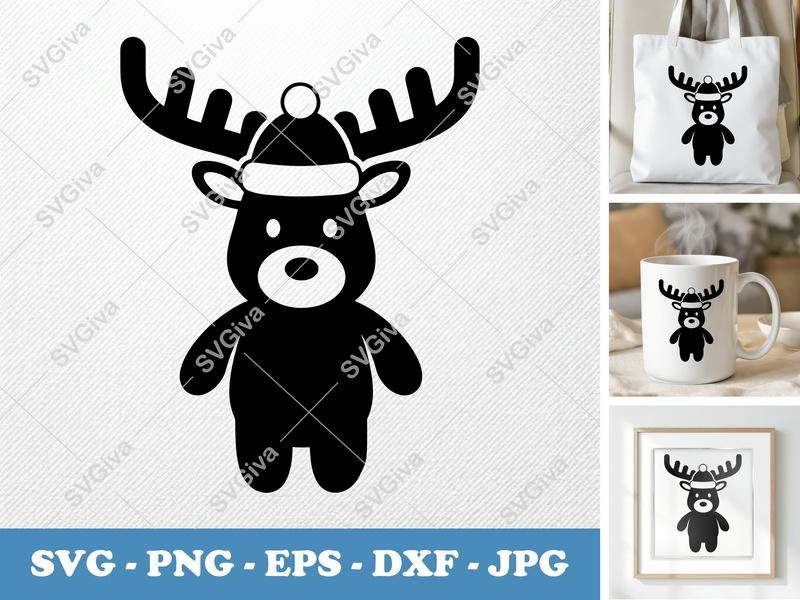 Reindeer in Cap SVG | Puffy Inflated Shapes | Christmas Cut File for Cricut, Silhouette | PNG, DXF, EPS