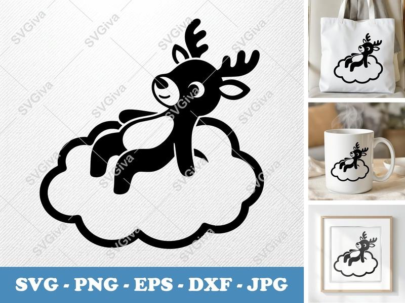 Reindeer on Cloud SVG | Puffy Cartoon Design | PNG DXF EPS | Cricut Silhouette File