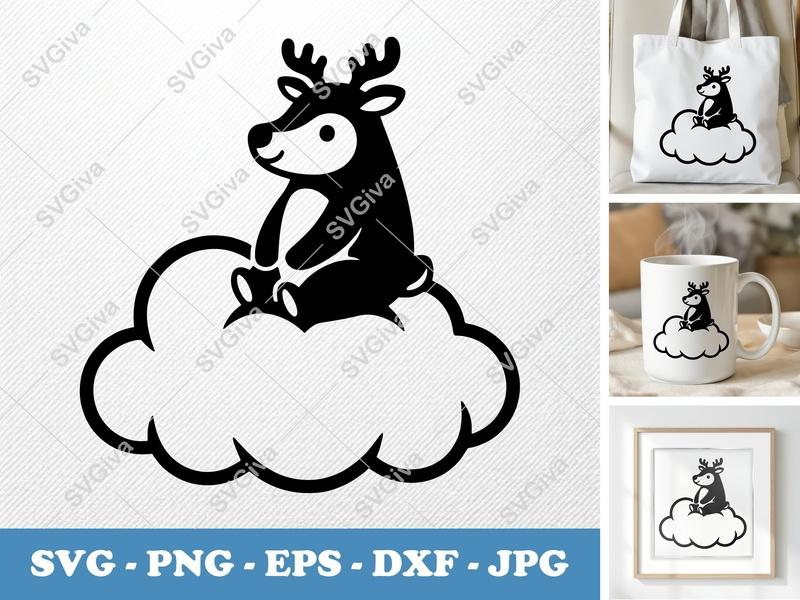Reindeer on Cloud SVG | Puffy Soft Shapes | PNG DXF EPS | Cricut Silhouette File