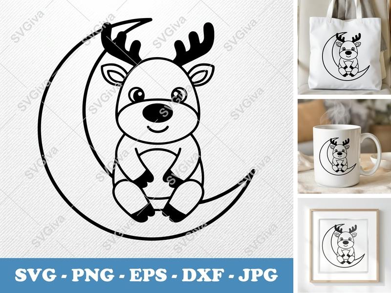 Reindeer on Moon SVG | Cute Animal PNG EPS DXF | Christmas Reindeer Cricut, Silhouette Cut File
