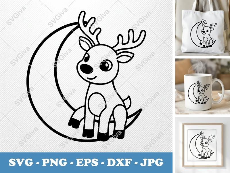 Reindeer on Moon SVG, Cute Antlers PNG, EPS, DXF | Christmas, Baby, Kids Design for Cricut, Silhouette