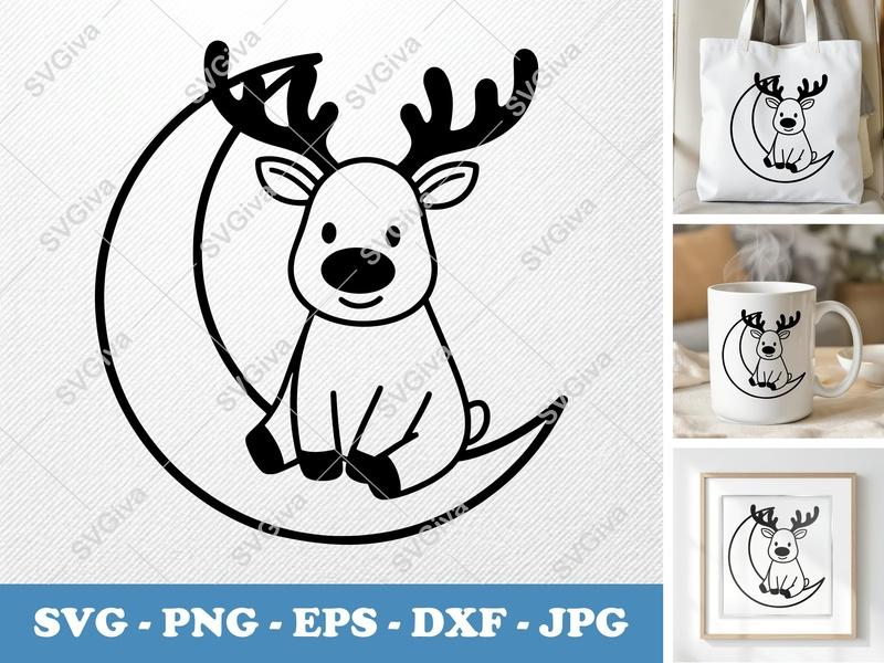 Reindeer on Moon SVG | Minimalist Bold Contour Cut File | PNG DXF EPS | Cricut Silhouette Design