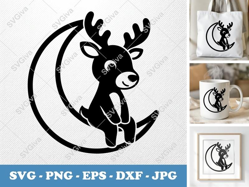 Reindeer on Moon SVG | Puffy Cartoon Shapes | PNG DXF EPS | Cricut Silhouette File