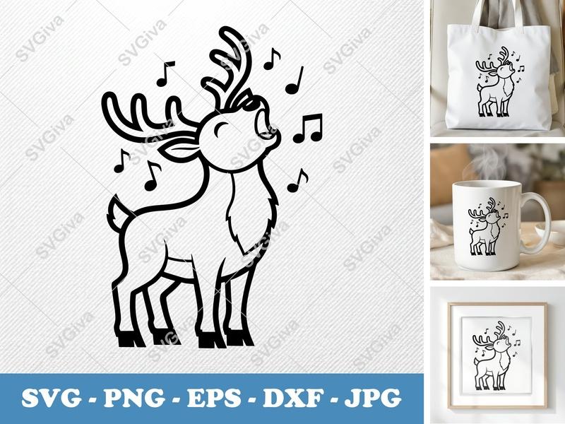 Reindeer Singing SVG | Double-Outline Minimalist Cut File | Thick Contour Thin Lines | PNG DXF EPS | Cricut Silhouette Christmas