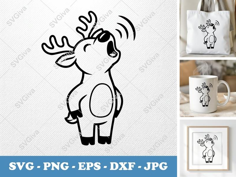 Reindeer Singing SVG | Friendly Bean-Shaped Cut File | PNG DXF EPS for Cricut Silhouette