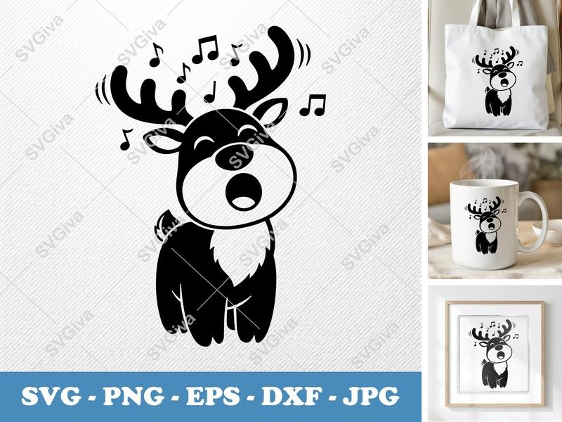 Reindeer Singing SVG | Puffy Cartoon Style | PNG DXF EPS | Cricut Silhouette File