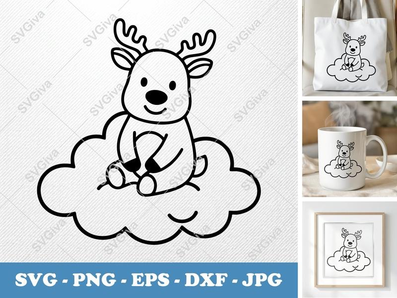 Reindeer sitting on a cloud SVG, Cute Rounded Friendly Bean-shaped Cut File | PNG DXF EPS for Cricut Silhouette
