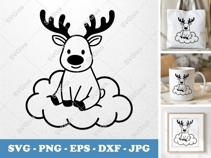 Reindeer Sitting on Cloud SVG | Minimalist Character Design | Bold Outline Cut File | PNG DXF EPS | Cricut Silhouette Ready