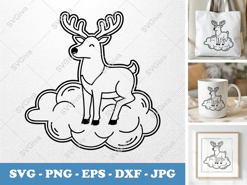 Reindeer Sitting on Cloud SVG | Minimalist Double-Outline Design | PNG DXF EPS | Cricut Silhouette File