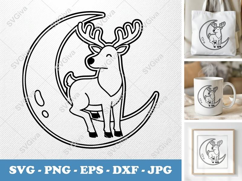 Reindeer Sitting on Moon SVG | Double-Outline Minimalist Design | PNG DXF EPS | Cricut Silhouette File