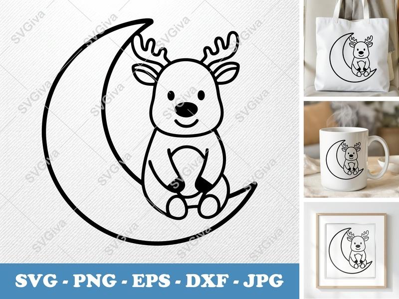 Reindeer Sitting on Moon SVG | Friendly Bean-Shaped Cut File | PNG DXF EPS for Cricut & Silhouette