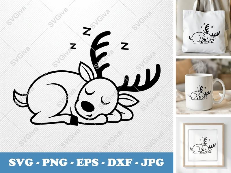Reindeer Sleeping SVG | Minimalist | Bold Outline Vector | PNG DXF EPS | Cricut Silhouette File