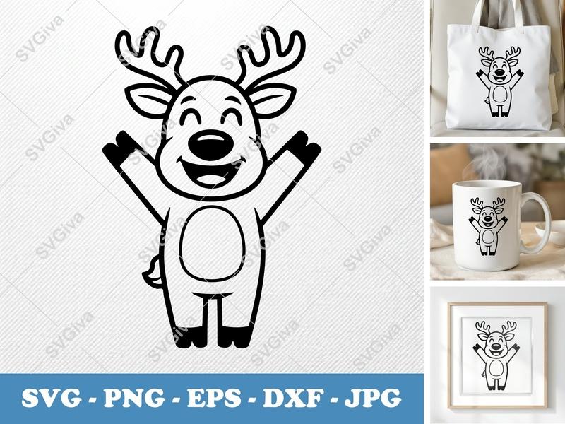 Reindeer Smiling Happily SVG | Friendly Rounded Body Bean-Shaped Form | PNG DXF EPS | Cricut Silhouette