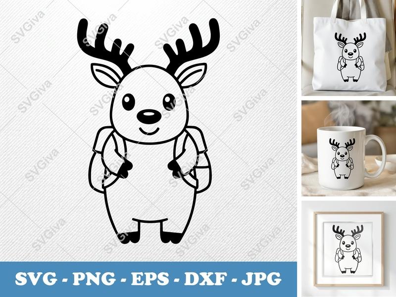 Reindeer SVG | Cartoon Animal Cut File | Cute Reindeer with Backpack | PNG EPS DXF for Cricut & Silhouette
