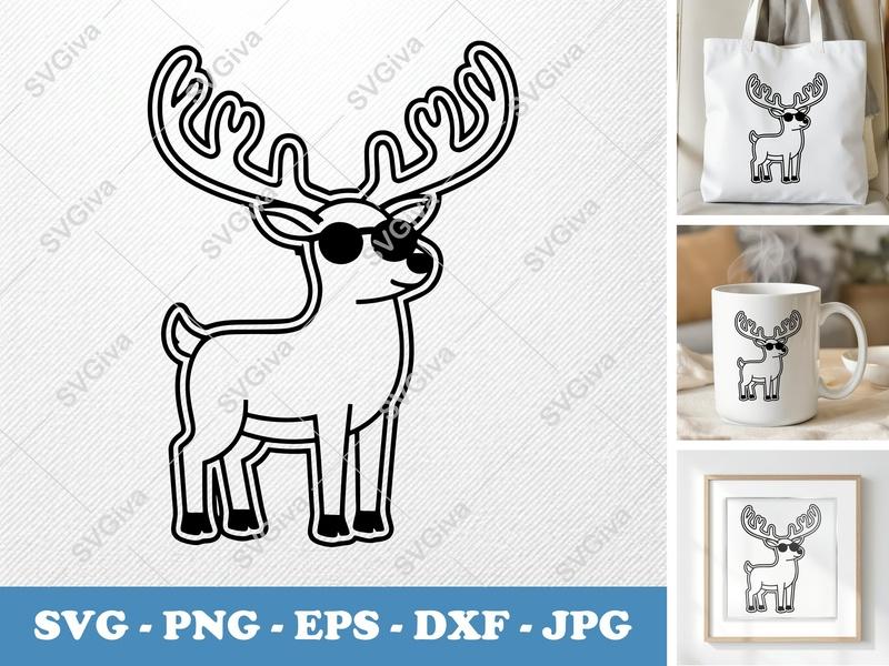 Reindeer SVG | Cool Reindeer with Sunglasses PNG EPS DXF | Christmas Reindeer Cut File | Cricut Silhouette Design