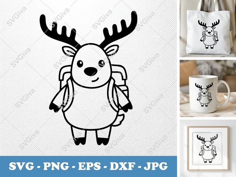 Reindeer SVG Cut File, Cute Reindeer with Backpack, Deer Clip Art, Christmas SVG for Cricut, Silhouette, PNG EPS DXF