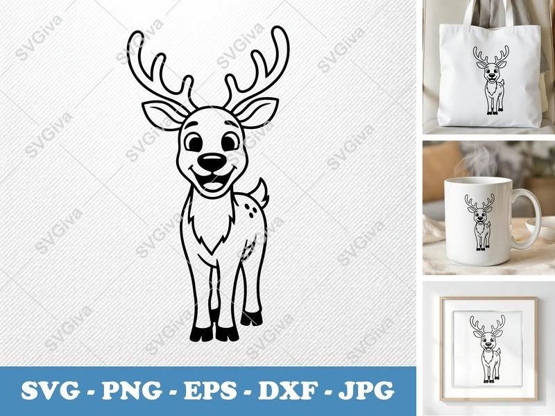 Reindeer SVG | Cute Cartoon Deer Cut File | Antler Animal PNG EPS DXF for Cricut, Silhouette | Kids Craft Vector