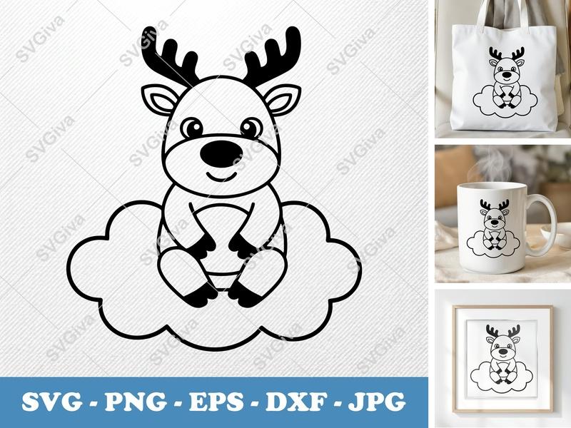 Reindeer SVG, Cute Cloud Reindeer Outline, Christmas Reindeer Cut File for Cricut, Silhouette | PNG EPS DXF Vector Art