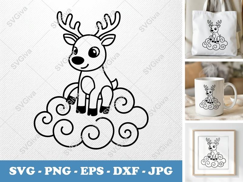 Reindeer SVG | Cute Deer on Cloud, Cartoon Animal Cut File for Cricut, Silhouette | PNG EPS DXF Vector Clipart