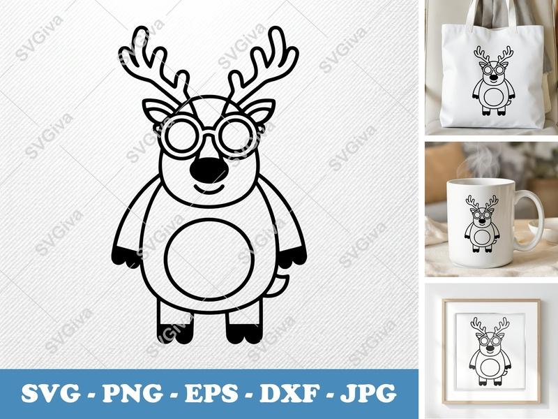 Reindeer SVG, Cute Glasses Reindeer Cut File, Christmas Deer PNG EPS DXF for Cricut, Silhouette, Holiday Clipart