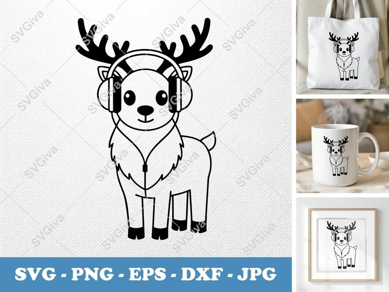 Reindeer SVG, Cute Headphones Design, Christmas Deer, Music Lover, PNG EPS DXF | Cricut Silhouette File