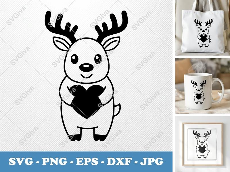Reindeer SVG, Cute Heart Reindeer, Christmas Deer | PNG EPS DXF | Cricut Silhouette File, Holiday Cut File, Animal Clipart
