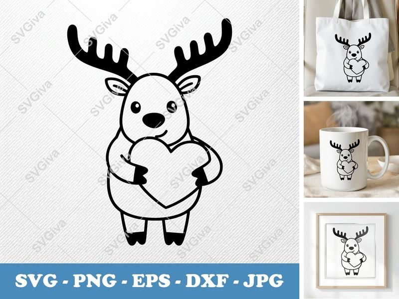 Reindeer SVG, Cute Modern Reindeer with Heart, Christmas Cut File, PNG EPS DXF for Cricut, Silhouette, Valentine