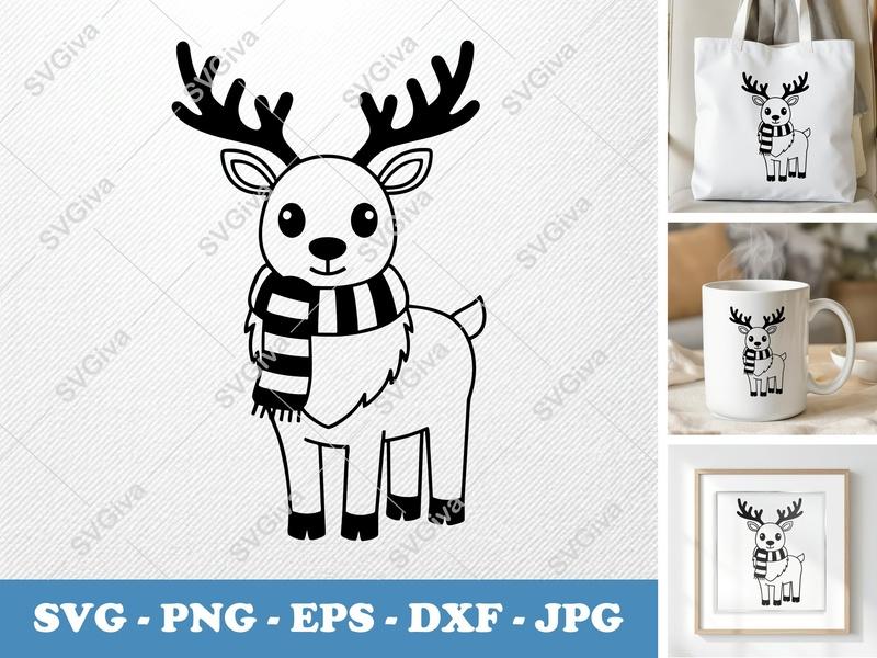Reindeer SVG, Cute Scarf Reindeer, Christmas Winter Animal, PNG EPS DXF | Cricut Silhouette File, Holiday Cut File