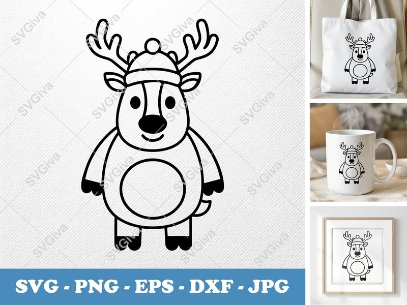 Reindeer SVG | Outline Cartoon Deer with Hat | Christmas Winter Animal PNG EPS DXF for Cricut Silhouette