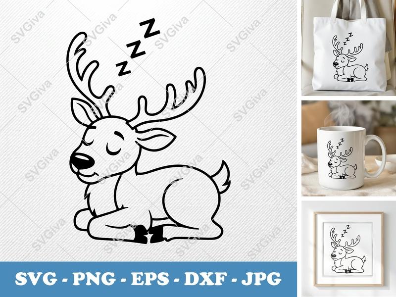 Reindeer SVG, Sleeping Reindeer Cut File, Christmas Deer Clipart, PNG EPS DXF for Cricut, Silhouette, Modern Holiday Design