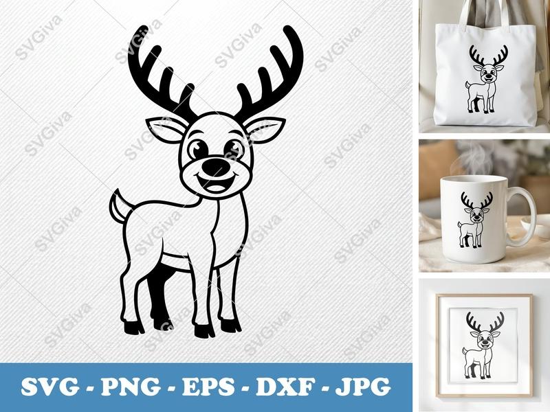 Reindeer SVG | Smiling Happily | Bold Black Contour, Simple Character | PNG DXF EPS | Cricut Silhouette Cut File