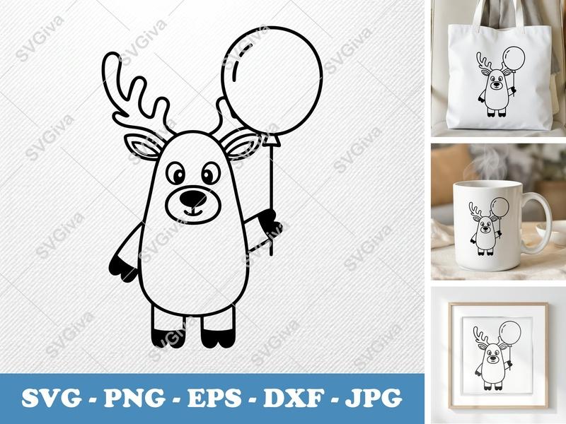 Reindeer SVG with Balloon | Cute Deer Cut File for Cricut, Silhouette | Modern Kids Clipart PNG, EPS, DXF | Animal Vector Art