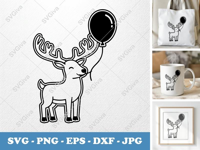 Reindeer SVG with Balloon, Modern Outline Art, PNG EPS DXF for Cricut Silhouette
