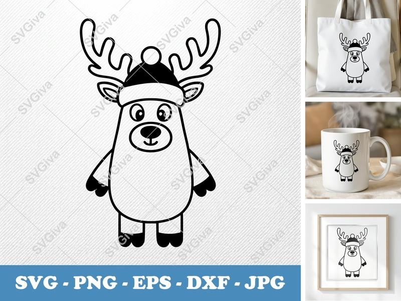 Reindeer SVG with Beanie Hat | Christmas Reindeer Cut File | PNG EPS DXF for Cricut Silhouette, Holiday Clipart