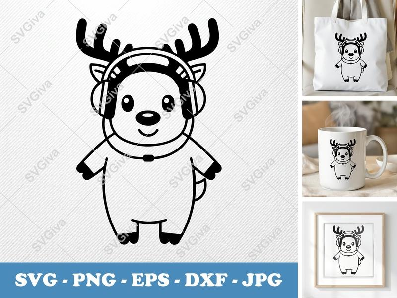 Reindeer SVG with Headphones | Cute Christmas Animal Cut File | PNG EPS DXF for Cricut Silhouette
