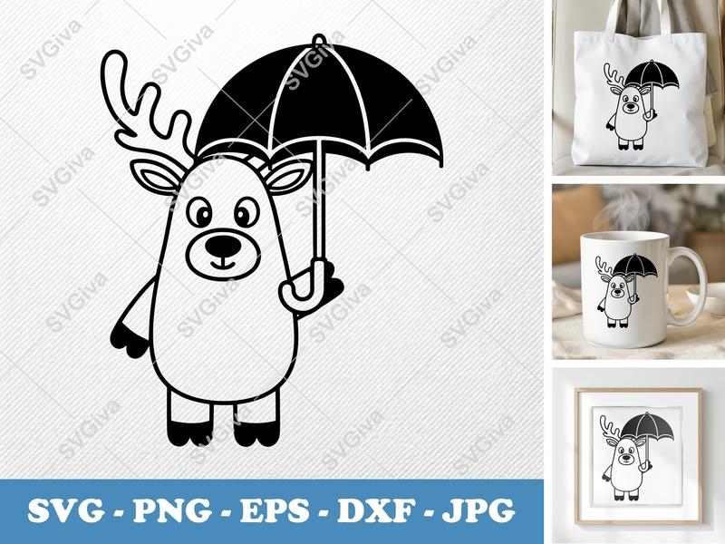 Reindeer SVG with Umbrella | Cute Deer Cut File for Cricut, Silhouette | PNG, EPS, DXF | Christmas Winter Animal