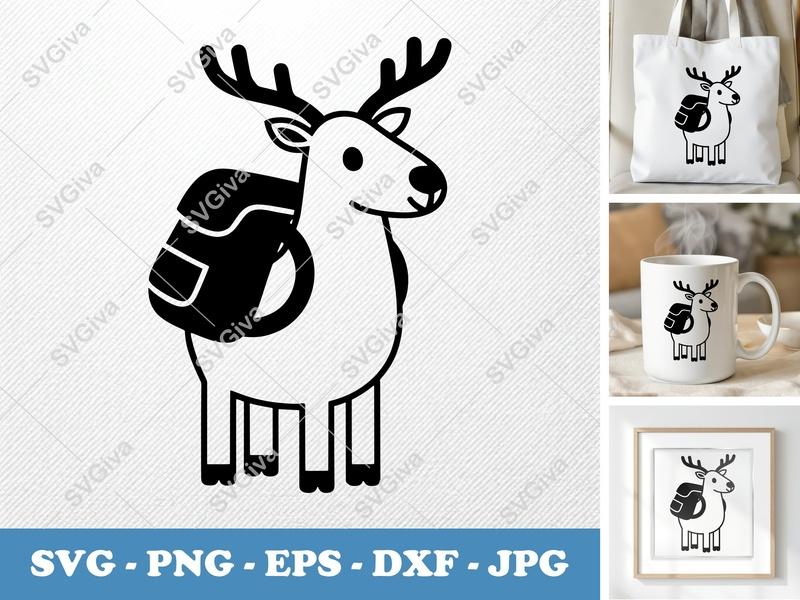 Reindeer wearing backpack SVG | Puffy Inflated Design | PNG DXF EPS | Cricut Silhouette Cut File