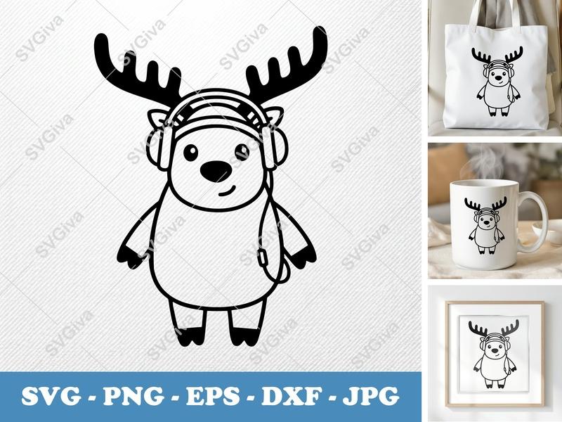 Reindeer Wearing Headphones SVG | Friendly Bean-Shaped Design | PNG DXF EPS | Cricut Silhouette File