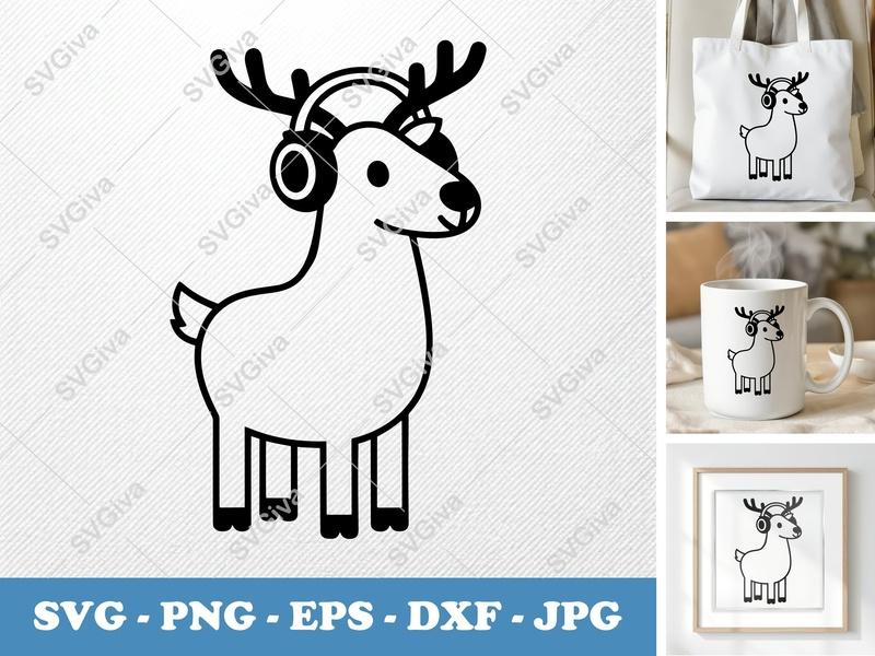 Reindeer Wearing Headphones SVG | Puffy Cartoon Design | Pillow-Soft Cut File | PNG DXF EPS | Cricut Silhouette Ready