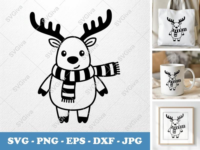 Reindeer Wearing Scarf SVG | Friendly Rounded Body Bean Shape Design | PNG DXF EPS for Cricut Silhouette