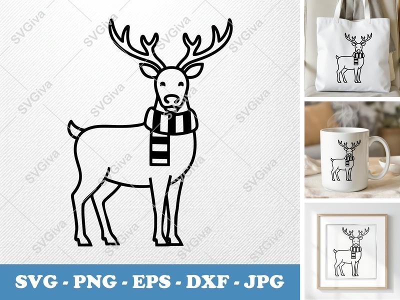 Reindeer Wearing Scarf SVG | Minimalist Winter Deer Outline | PNG DXF EPS | Cricut Silhouette Cut File