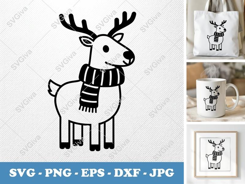 Reindeer Wearing Scarf SVG | Puffy Soft Shapes Cut File | PNG DXF EPS | Cricut Silhouette Christmas